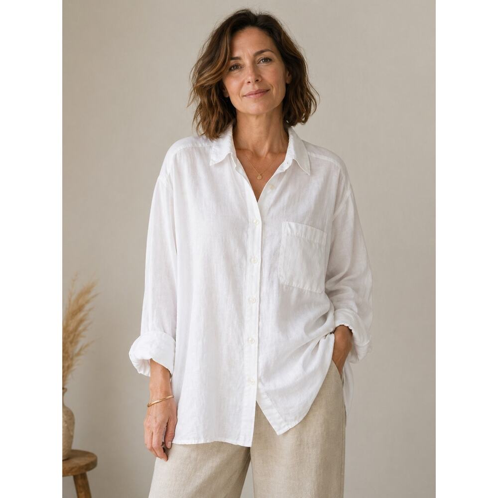 Women’s White Linen Button Down Shirt Oversized Relaxed Fit Collared Blouse XXL